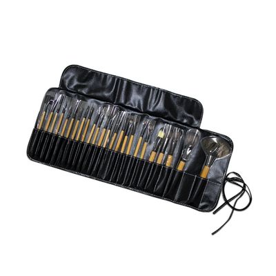 24 Piece Portable Makeup Brush Set with Nylon Bristles and Wood Handles