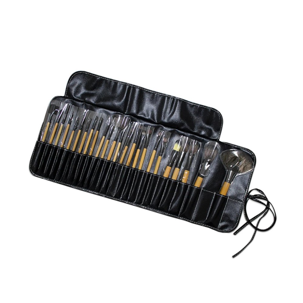 24 Piece Portable Makeup Brush Set with Nylon Bristles and Wood Handles