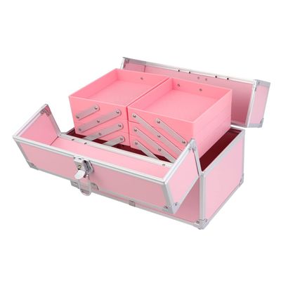 FOYTOKI Portable Handheld Makeup Train Case 3 Tiers Cosmetics Box Organizer for Travel Pink Detachable Compartment for Women