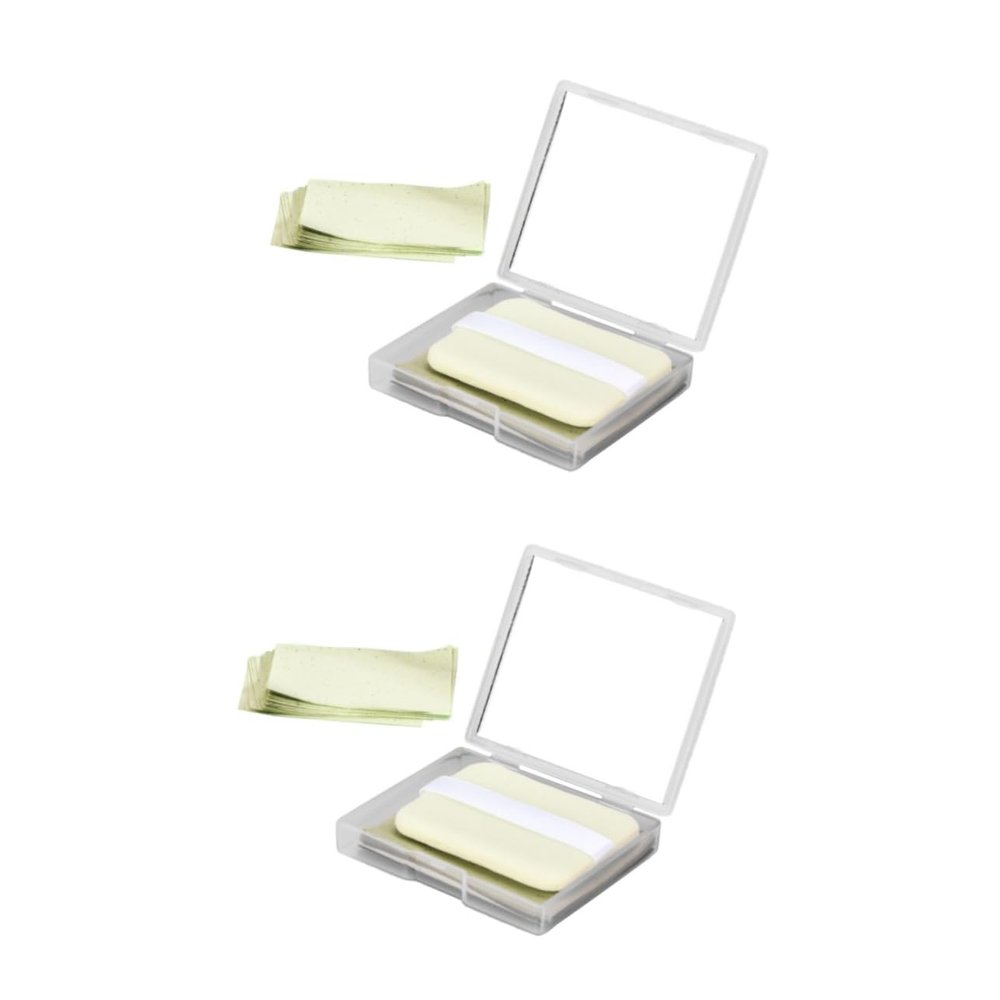 Gogogmee 2sets Tea Oil Blotting Sheets Mirror Puff Oil Control Sheets for Oily Skin Portable Absorbing Paper for Men Women Cleaning Tool