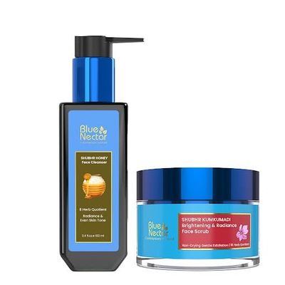 Blue Nectar Kumkumadi Gentle Exfoliating Face Scrub for Tan Removal and Blackheads (1.7 Oz) Paired with Honey Aloe Vera Detan Face Wash with Natural Vitamin E (3.38 Fl Oz)