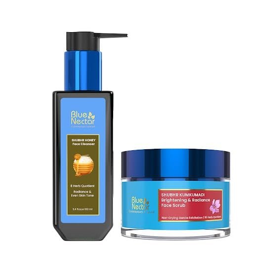 Blue Nectar Kumkumadi Gentle Exfoliating Face Scrub for Tan Removal and Blackheads (1.7 Oz) Paired with Honey Aloe Vera Detan Face Wash with Natural Vitamin E (3.38 Fl Oz)