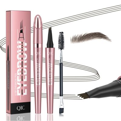 3D Waterproof Microblading Eyebrow Pen with 4 Fork Tip,QIC Eyebrow 4 Tip Brow Pencil,Long-Lasting Natural Eyebrow Hair,Magic Eyebrow Pencil Eyebrow Brush (Black brown)