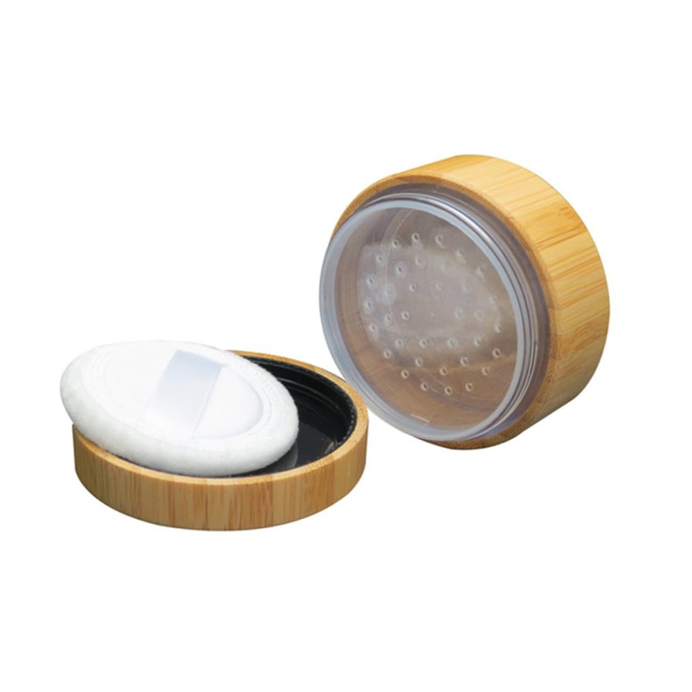 Baluue 30ml Wooden Makeup Powder Jar Bamboo Powder Puff Case Lids for Daily Use