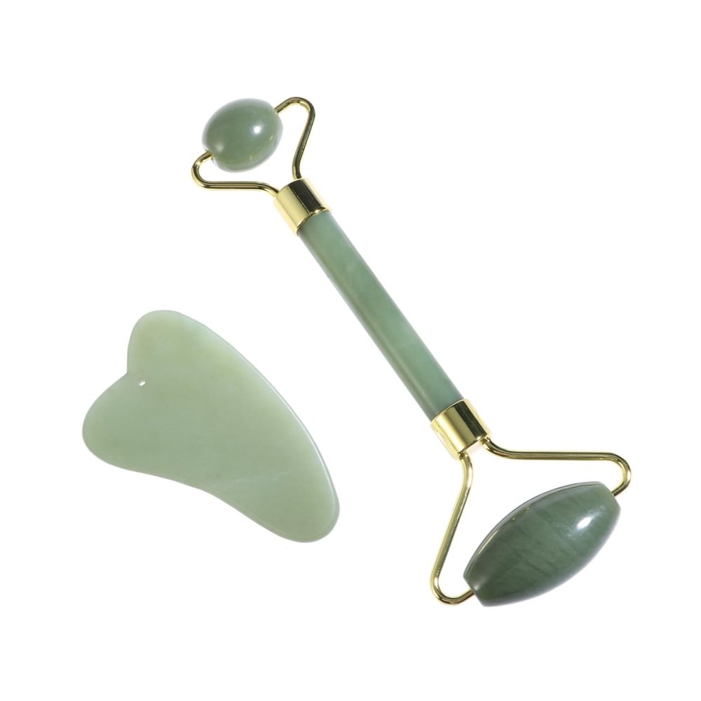 FRCOLOR Skin Care Massager Tool Set Jade Face Massager Roller and Scraping Plate Natural for Muscle Adhesions and Scarring