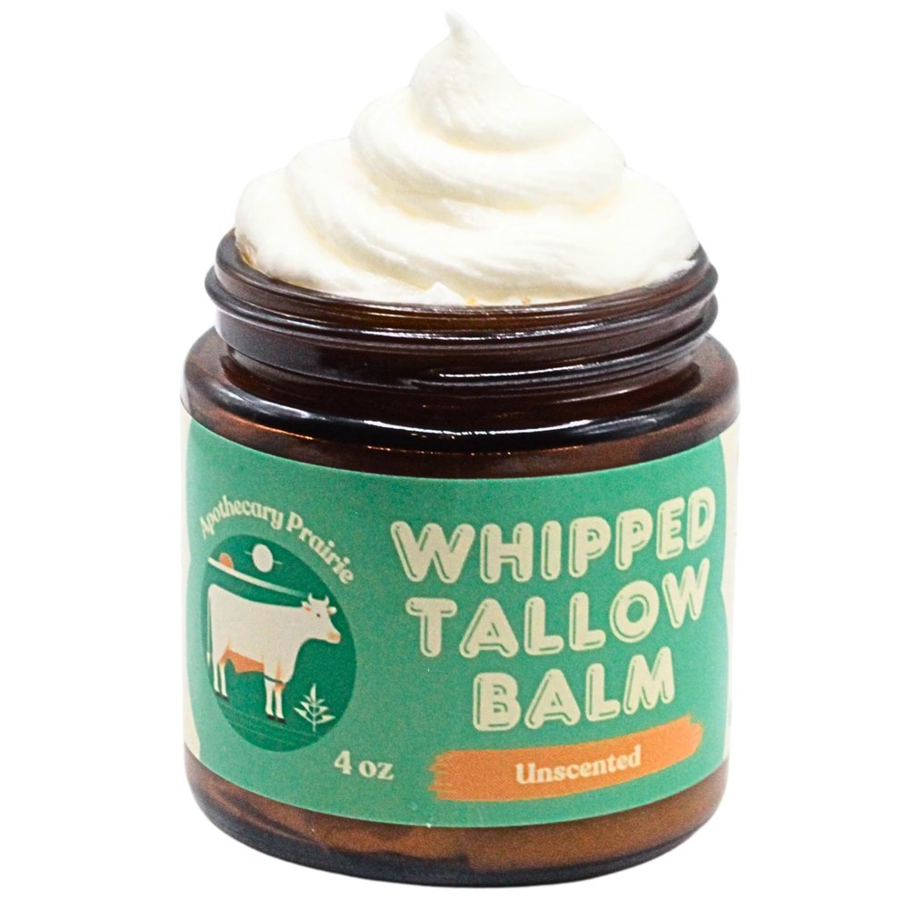 Apothecary Prairie Whipped Tallow Balm (Unscented) - 100% Grass-Fed Beef Tallow and Infused With Organic Sunflower Oil For Total Body Use on Dry Skin, Sunburns, Eczema and Rashes (4oz)