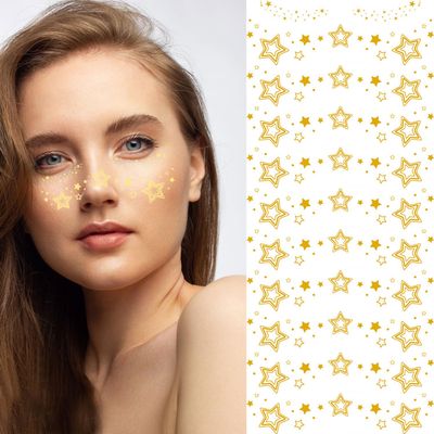 10 Pcs Glitter Freckles Face Tattoo Gold Stars Designs Temporary Tattoos | Holiday Freckle Makeup Patches Waterproof Faux Freckles Face Glitter Tattoos for Women Eye Face Accessories