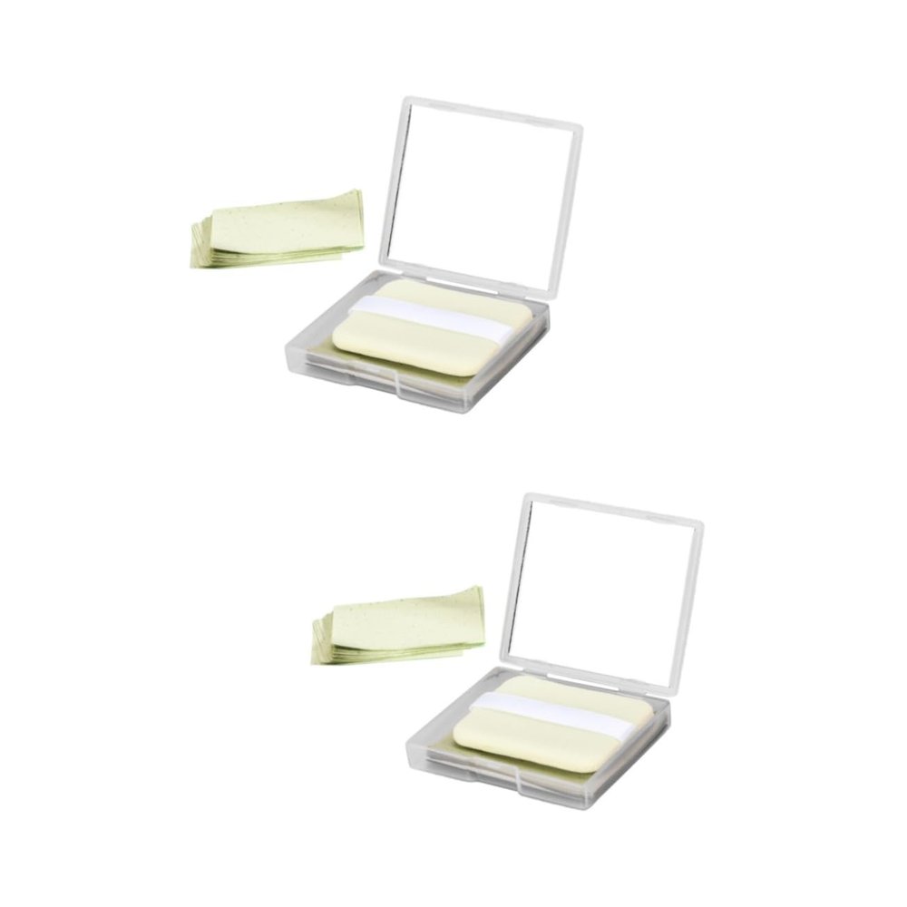 IWOWHERO 2sets Tea Oil Absorbing Sheets Mirror Puff for Oily Skin Blotting Facial Paper for Men Women Convenient Portable Case for Daily Use