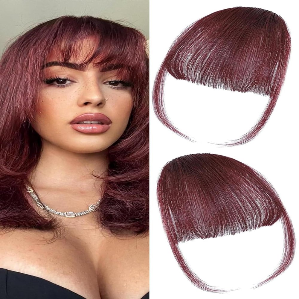 100% Real Human Hair Extensions Wispy Clip in Burgundy Fake Bangs Hair Clip on for women Fringe with Temples Hairpieces Faux Bangs for Daily Wear