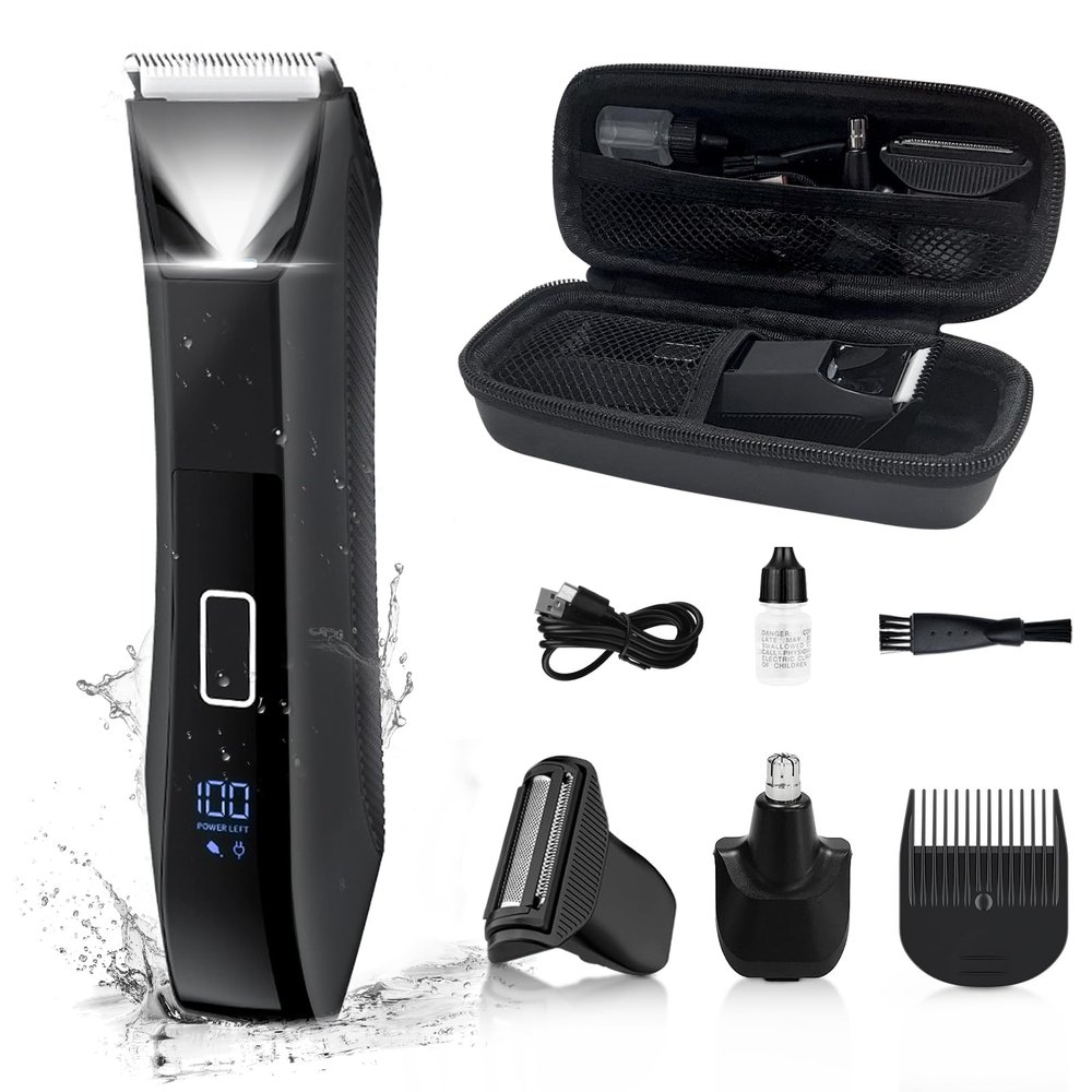 Beatslm Body Trimmer for Men, Groin & Body Hair Trimmer, Ball Foil Shaver, Nose Hair Clippers, 3 in 1 Men's Waterproof Wet/Dry Groomer with Travel Case &Travel Lock, LED Display, Black