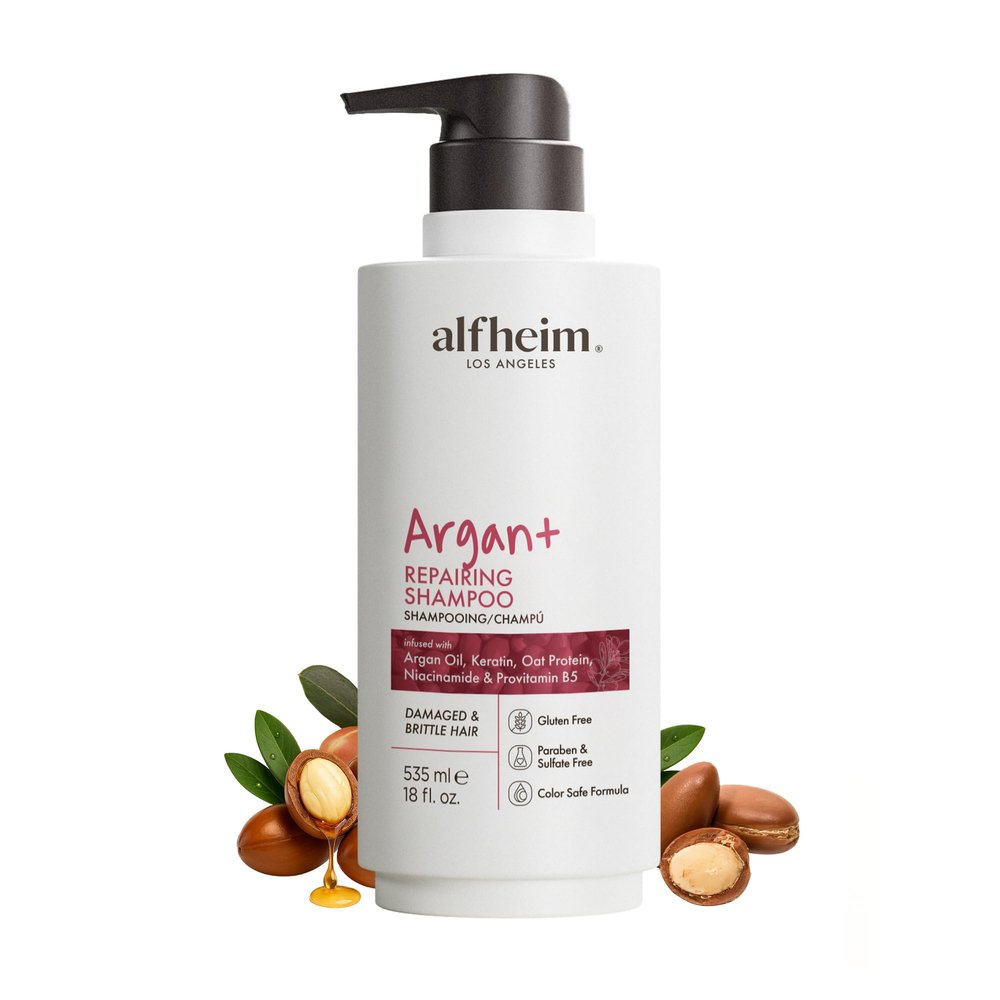 ALFHEIM Argan+ Repairing Shampoo for Dry, Damaged & Frizzy Hair with Argan Oil, Keratin, Oat Protein, Panthenol & Vitamin E Deep Moisture, Shine Boost, Frizz Control, Sulfate Free 18 oz / 535 ml