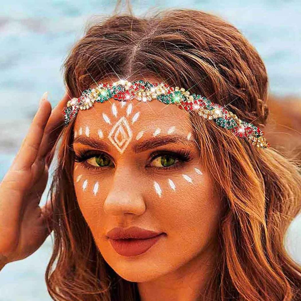 Fstrend Elastic Rhinestone headbands Sparkly Colors Crystal Braid Headpiece for Women (Red-Green-Gold)