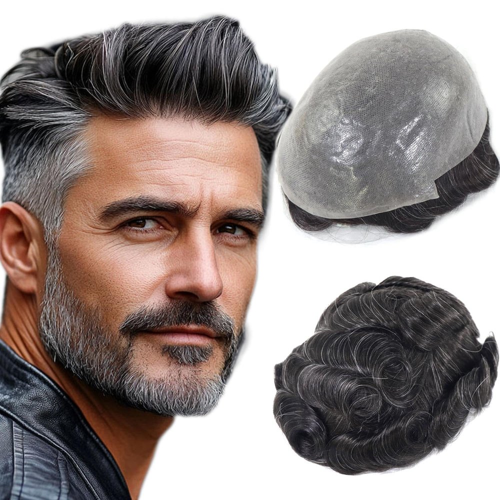0.06mm Super Ultra Thin Skin Hair System for Men with Human Hair 8x10 inch Hairpiece for Men Hair System All V-Looped Mens Toupee Off Black 1B with 10% Grey