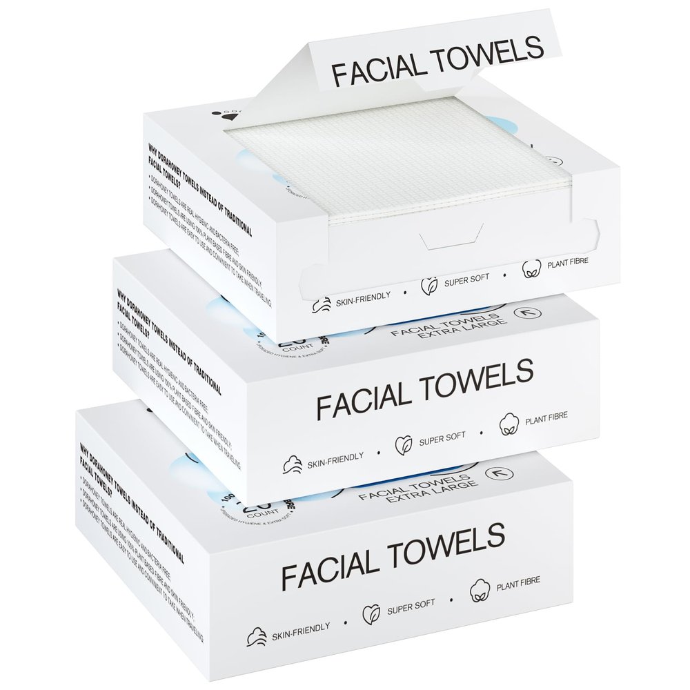 Dorahoney Disposable Face Towels Travel, 12"12" Extra Large Face Towelettes, Ultra Soft Facial Towels for Sensitive Skin, Makeup Remover Dry Wipes, 60 Count (3 Packs of 20)