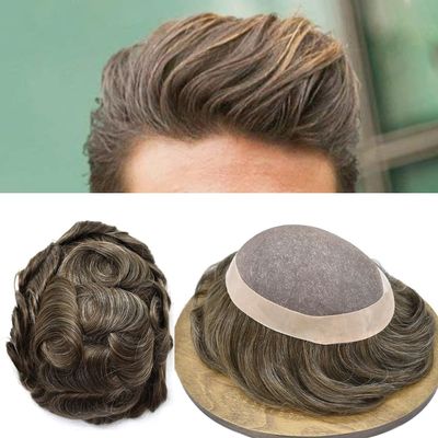 Hair System For Men Human Hair Hairpiece Fine Mono Lace Mens Toupee Wig Male Prosthesis NPU Poly Skin Around Hair Unit Replacement Mixed White 120% Density 6"X8" #430 Medium Brown+30% Gray
