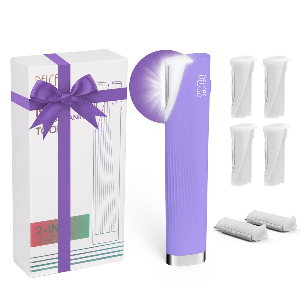 PELCAS Electric Dermaplaning Tool for Women Face with LED Light 3 Speeds Mini Dermaplaning Razor with 6 Blades, 2 in 1 Facial Peach Fuzz Hair & Exfoliation Removal System At Home BV18-712 Light Purple