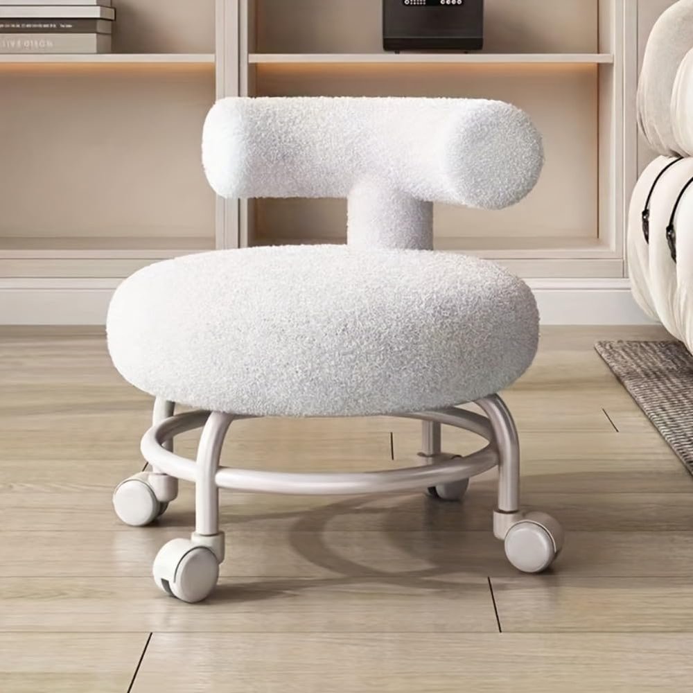 Comfortable Lamb Seat Cushion Round Stool - Ergonomic Roller Stool with Back Support, Ideal for Living Room, Bedroom, and Home Office Use (White)