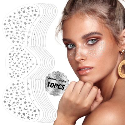 10 Sheets Glitter Freckle Tattoo, Silver Glitter Face Makeup Speckles, Eyes Makeup Accessories Temporary Tattoo for Women and Girls, Cosmetic Freckle for Face