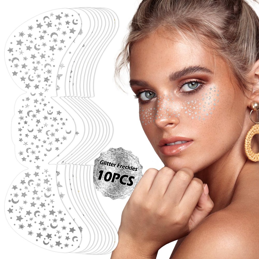 10 Sheets Glitter Freckle Tattoo, Silver Glitter Face Makeup Speckles, Eyes Makeup Accessories Temporary Tattoo for Women and Girls, Cosmetic Freckle for Face