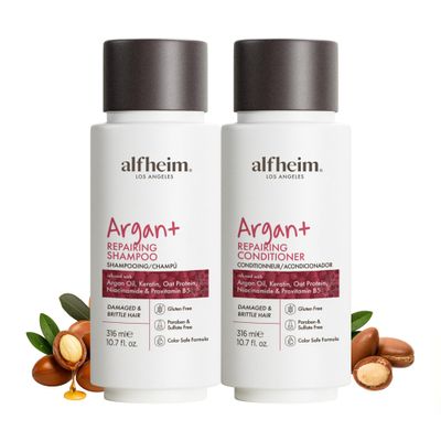 ALFHEIM Argan+ Repairing Shampoo & Conditioner Set for Dry, Damaged & Frizzy Hair with Argan Oil, Keratin, Oat Protein  Deep Repair, Shine & Frizz Control  Sulfate Free  Travel Size 10.7 oz  2