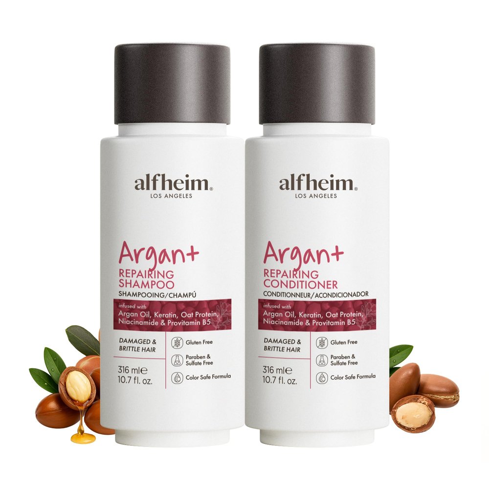 ALFHEIM Argan+ Repairing Shampoo & Conditioner Set for Dry, Damaged & Frizzy Hair with Argan Oil, Keratin, Oat Protein  Deep Repair, Shine & Frizz Control  Sulfate Free  Travel Size 10.7 oz  2