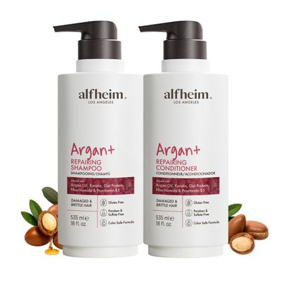 ALFHEIM Argan+ Repairing Shampoo & Conditioner Set for Dry, Damaged & Frizzy Hair with Argan Oil, Keratin, Oat Protein  Deep Repair, Moisture & Shine  Color Safe, Sulfate Free  18 oz  2