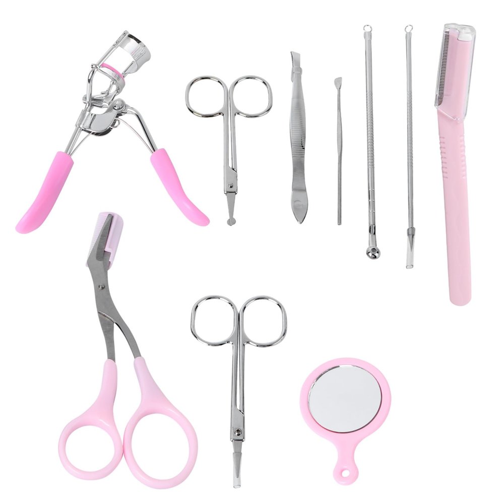 HONMEET 10pcs Complete Eyebrow Care Kit Grooming Set Razor Scissors Tweezers Lash Curler for Women Men