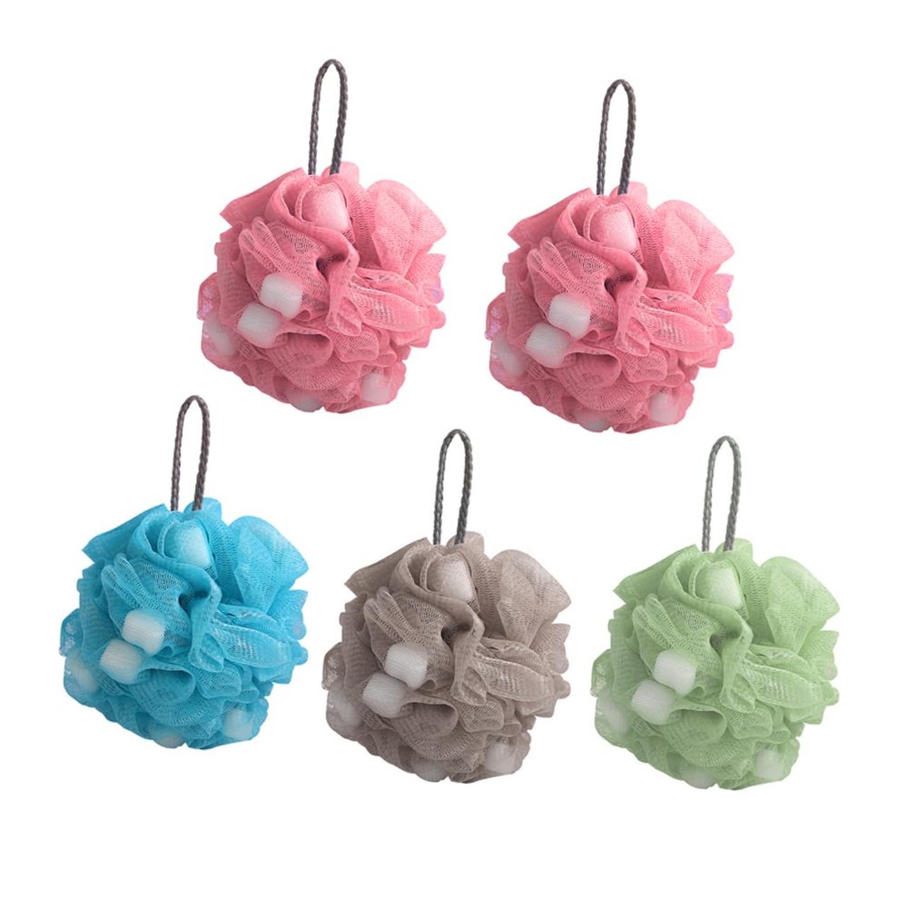 BIUDECO 5pcs Colorful Soft Bath Scrubbing Balls for Shower Exfoliating Sponge Balls Quick-Drying Lanyard Design for Healthy Skin Green Blue Pink Brown