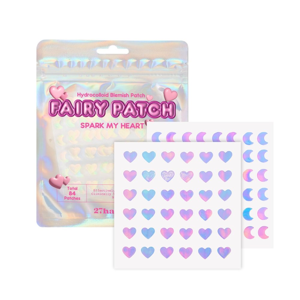 27habits Fairy Patch Spark My Heart - shiny holographic hydrocolloid heart and moon patches for spots and blemishes, 84 patches, Korean skincare