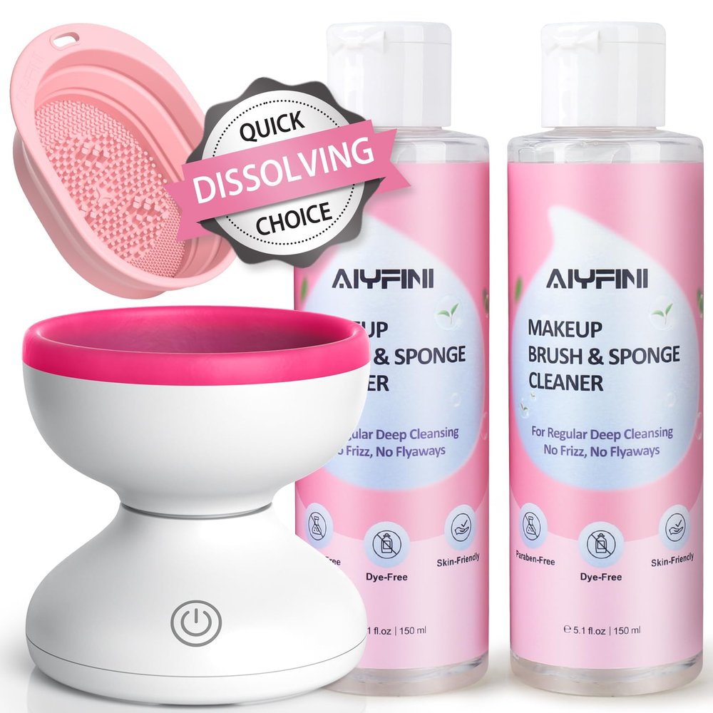 Alyfini Makeup Cleaning Tool Kit - Electric Makeup Brush Cleaner Machine and Makeup Brush Sponge Cleaner Solution Concentrate, Foldable Silicone Bowl