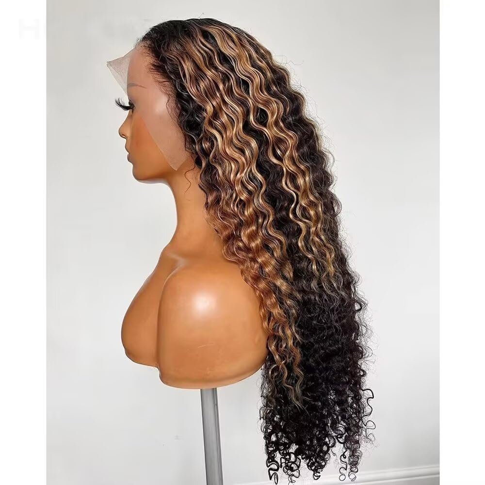 180 Density Highlight Brazilian Human Hair Ombre Blonde 13X4 HD Transparent Lace Front Wigs Water Wave HD Glueless Lace Frontal Wigs with Bleached Knots for Women Curly Human Hair Wig Pre Plucked