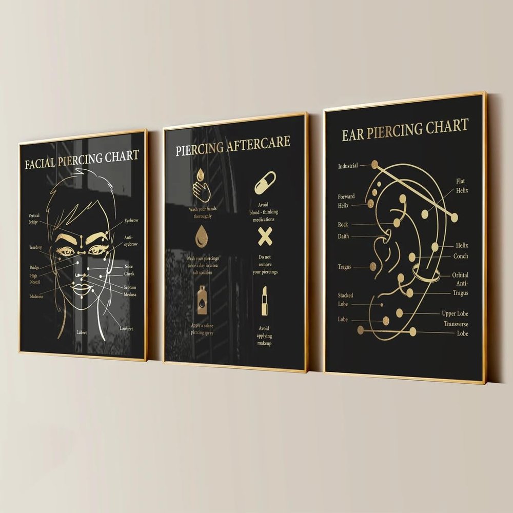 Ear Piercing Chart Facial Piercing Canvas Painting 3 Pieces Piercing Aftercare Body Piercer Posters Prints Wall Art Pictures for Piercing Salon Decor with Wooden Inner Frame
