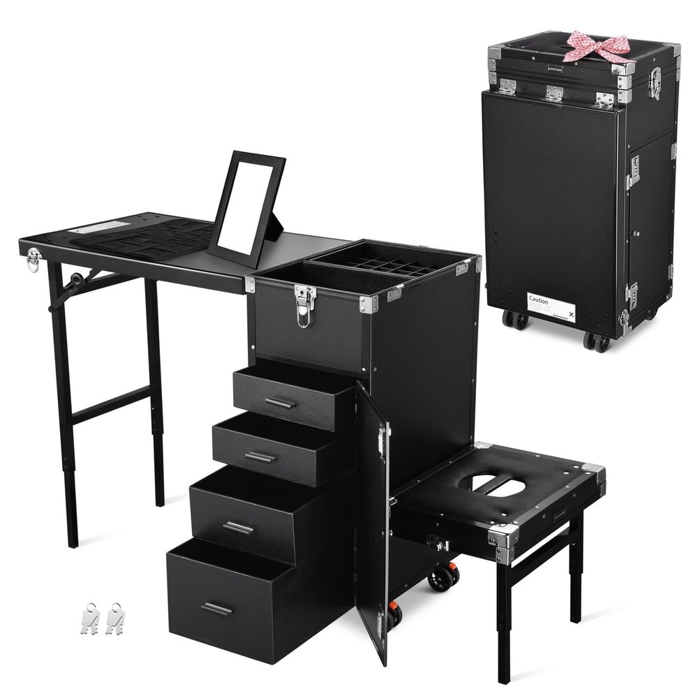 BYOOTIQUE Portable Nail Tech Desk with Drawers Pedicure Stool Beauty Salon Manicure Desk Station on Wheels Rolling Cosmetic Case for Manicurist Makeup Artist Esthetician Barbershop Hairstylist