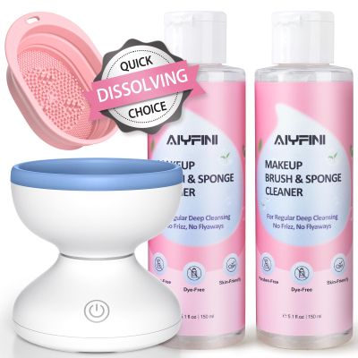 Alyfini Makeup Cleaning Tool Kit - Electric Makeup Brush Cleaner Machine and Makeup Brush Sponge Cleaner Solution Concentrate, Foldable Silicone Bowl
