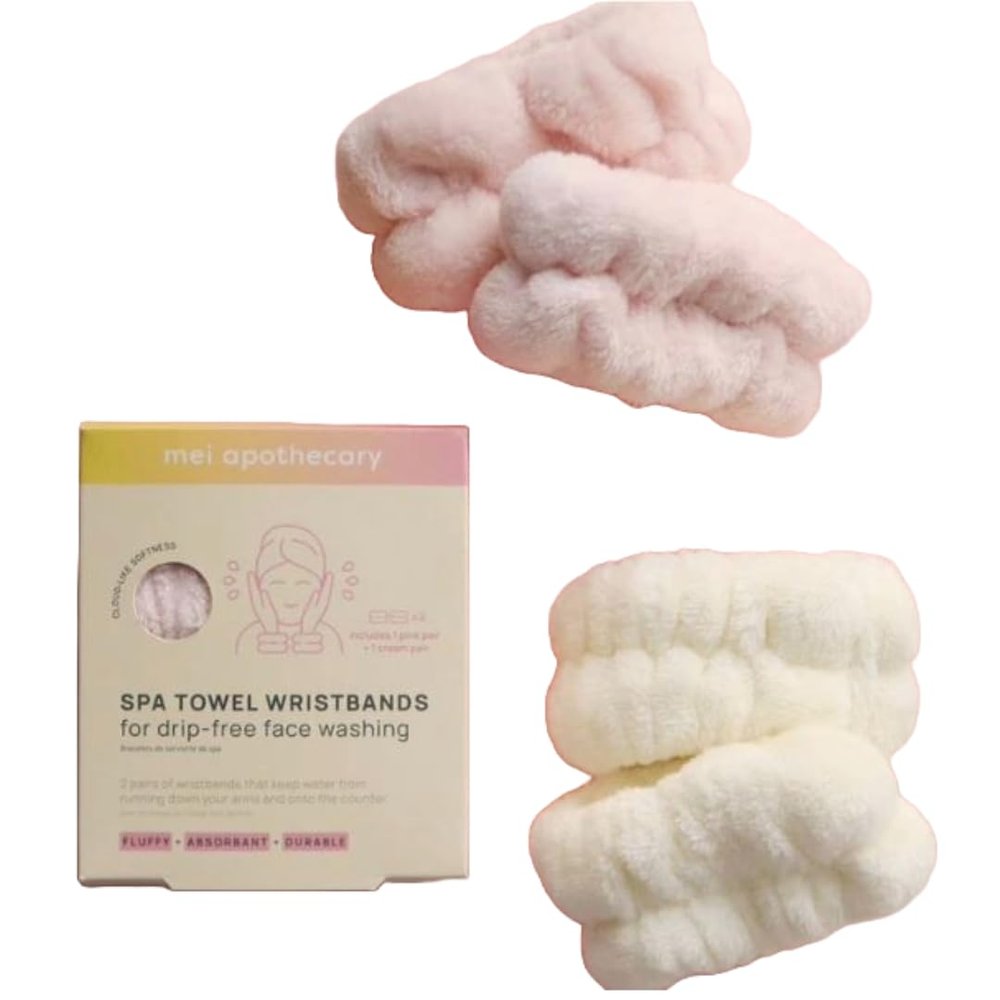 Mei Apothecary 2 Pairs Skincare Wristbands, Wrist Bands for Washing Face, Drip-Free Spa Makeup Wristbands, Pink & White