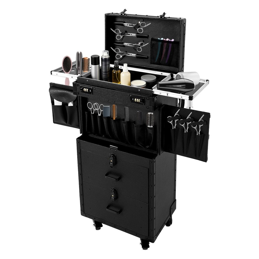 BANEBONE Professional Rolling Makeup Case for Hairstylists, Large Mobile Trolley with 2 Lockable Drawers & 4 Wheels (2 Brakes), Handmade PU & Metal Construction for Hair Tools, Scissors, Dryers