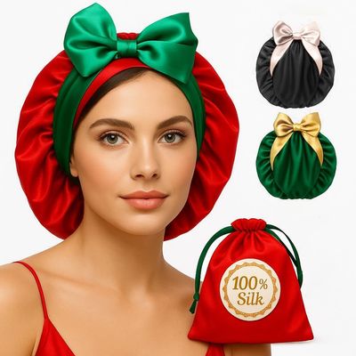 100% Mulberry Silk Bonnet for Sleeping Women with Wonder Loop Tie  Adjustable No-Slip Silk Sleep Cap, Reversible Silk Hair Wrap for Sleeping, Hair Bonnet for Curly Hair, Long Hair & Waves - Red