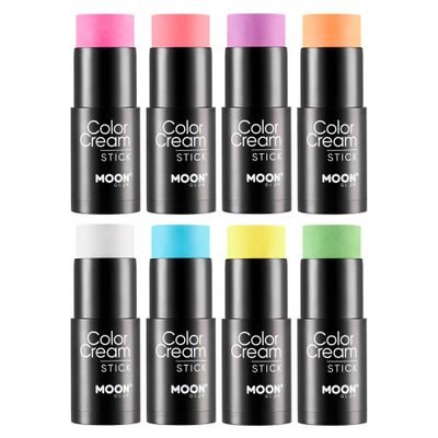 Intense Neon UV ColorCream Face & Body Paint Stick by Moon Glow - Professional Face Paint Makeup for Adults, Kids - 21g (Set of 8)