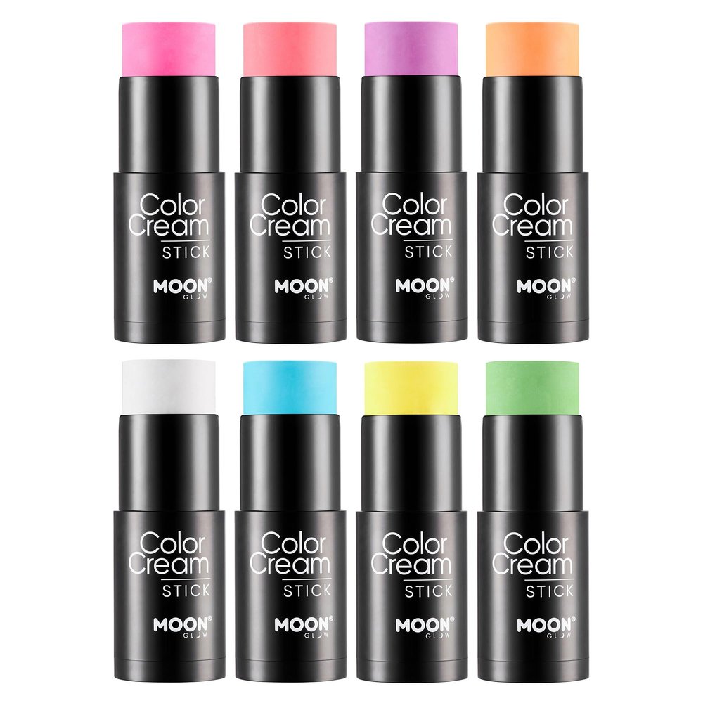 Intense Neon UV ColorCream Face & Body Paint Stick by Moon Glow - Professional Face Paint Makeup for Adults, Kids - 21g (Set of 8)