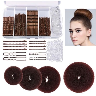 BoAn 304 PCS Hair Bun Maker Set, 4 Sizes Donut Bun Maker for Hair, 100 U-shaped Hair Pins, 100 Bobby Pins and 100 Elastic Rubber Bands, Ballet Bun for Women and Kids, with Box(Brown)