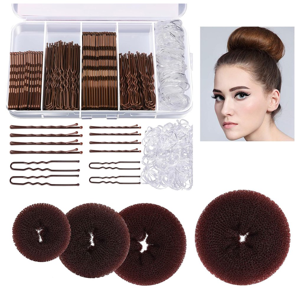 BoAn 304 PCS Hair Bun Maker Set, 4 Sizes Donut Bun Maker for Hair, 100 U-shaped Hair Pins, 100 Bobby Pins and 100 Elastic Rubber Bands, Ballet Bun for Women and Kids, with Box(Brown)
