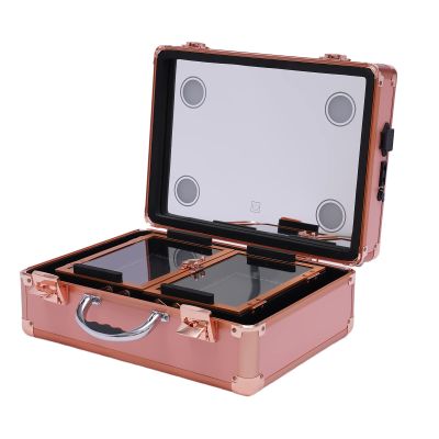 Makeup Train Case With 4 LED Lights & Mirror,Professional Cosmetic Organizer Box, Large Capacity Zoned Storage,Multi-Functional Rolling Makeup Organizer For Makeup Artist,Hairstylist (Rose Gold)