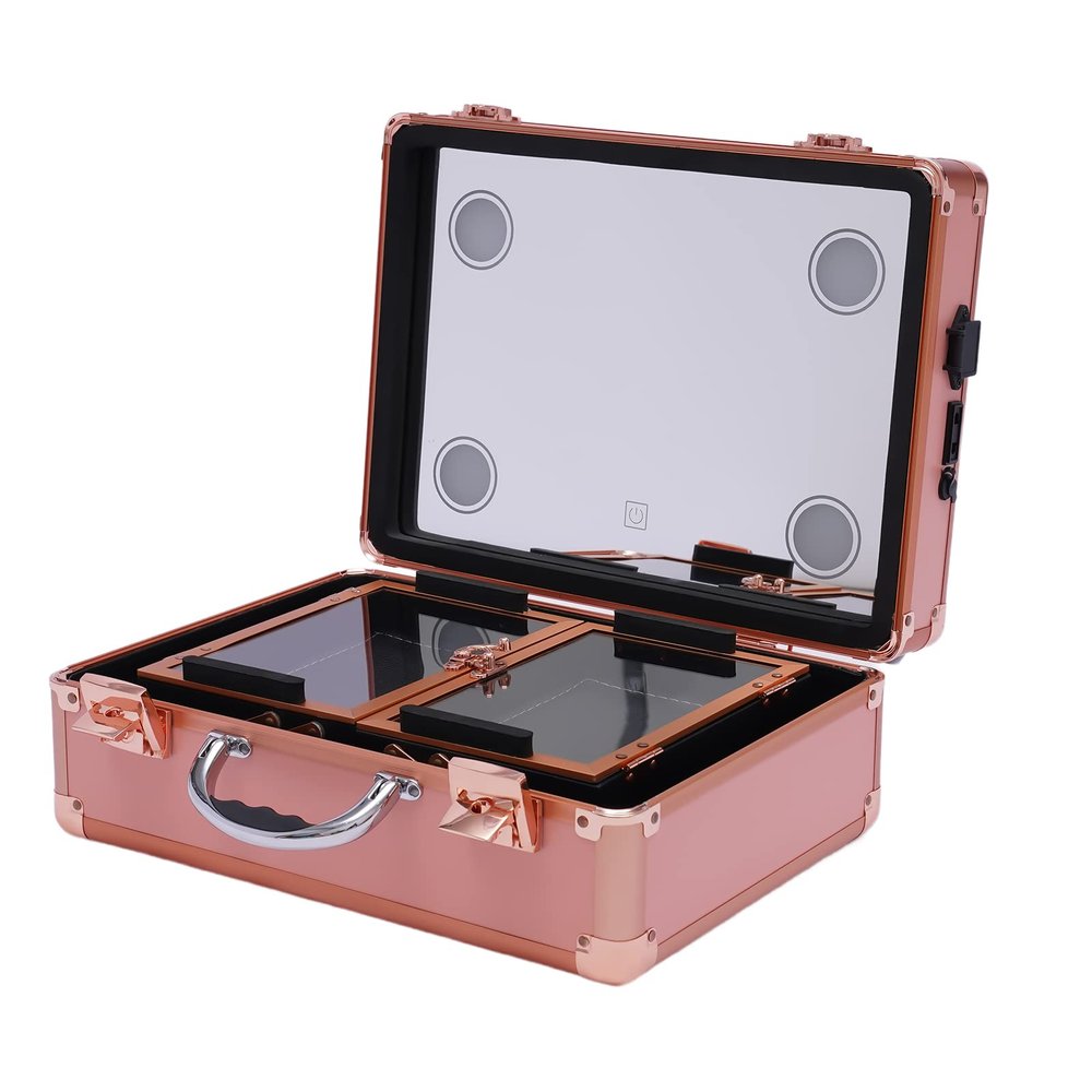 Makeup Train Case With 4 LED Lights & Mirror,Professional Cosmetic Organizer Box, Large Capacity Zoned Storage,Multi-Functional Rolling Makeup Organizer For Makeup Artist,Hairstylist (Rose Gold)