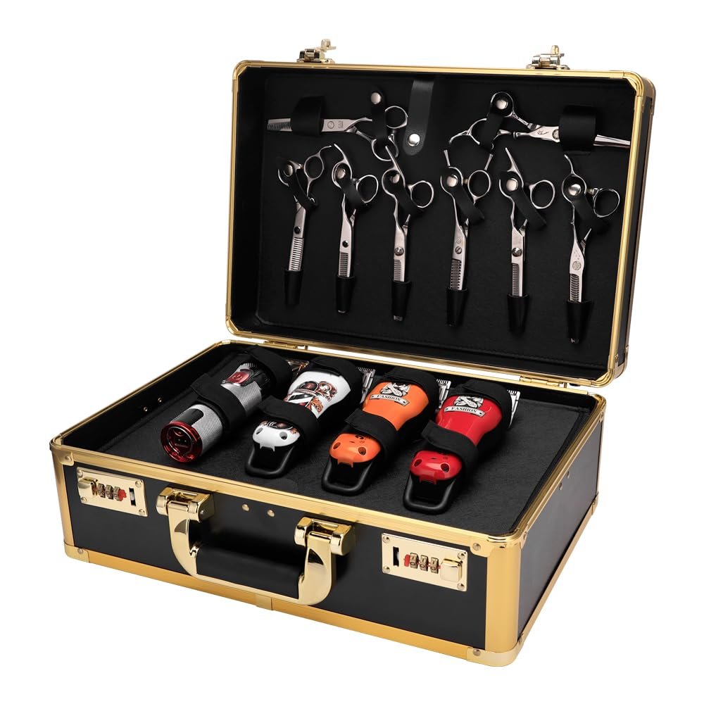 Barber Case 8 Clippers Sliding Tray, Profesional Barbers Briefcase Tool Case, Barber Cases for Clippers and Supplies, Hair Scissors Trimmer Organizer, Salon Hair Grooming Hard Travel Suitcase(Golden)