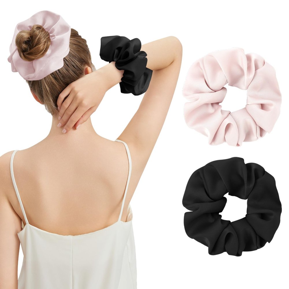 2PCS 100% Mulberry Silk Scrunchies for Women, Oversized XL Hair Tie for Sleeping, Curly Thick or Thin Hair, No Damage Soft Silk Hair Accessory
