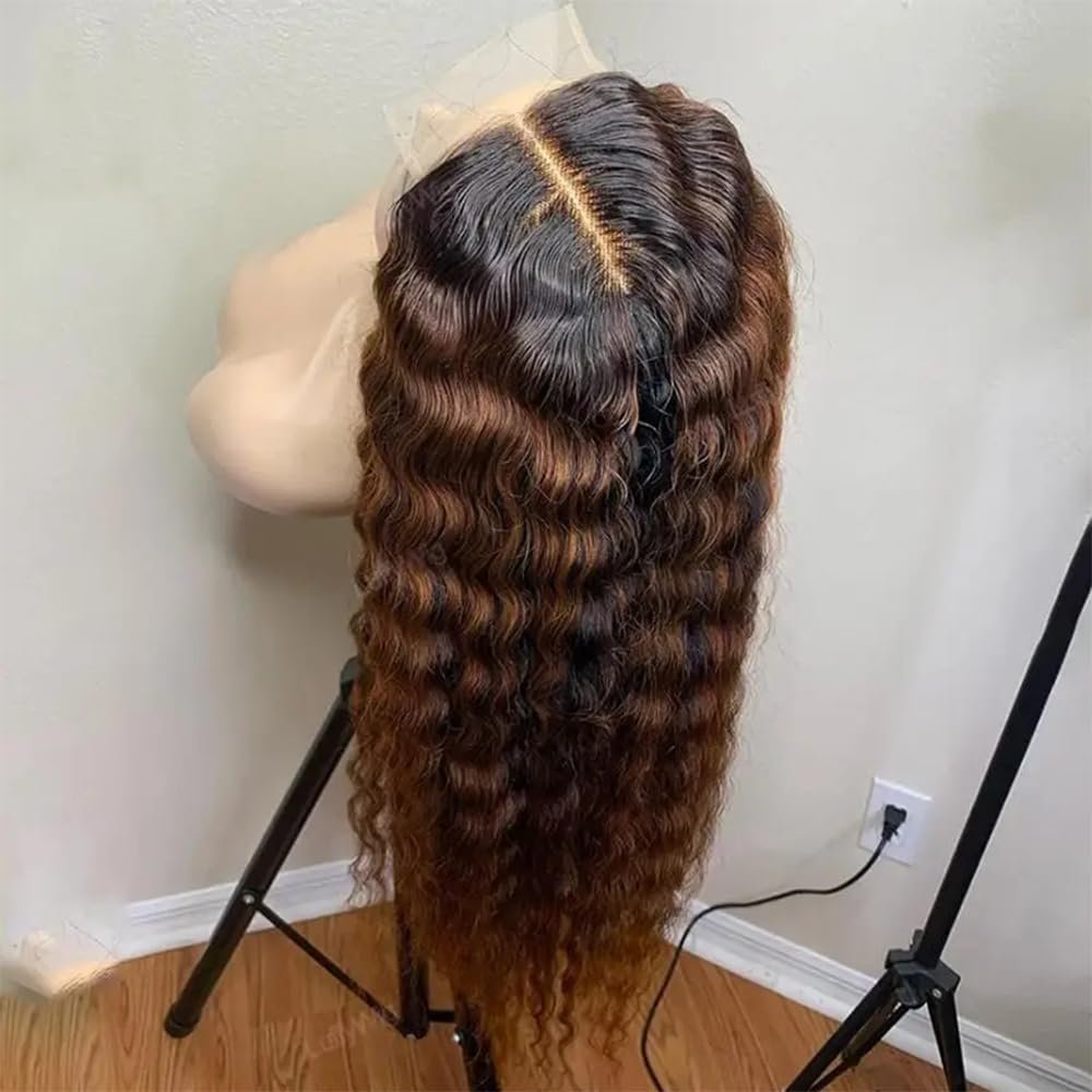 1B/30 Deep Wave Lace Front Wigs Human Hair Pre Plucked Ombre Brown Color Curly Lace Front Wig With Baby Hair Human Hair Invisible 13x4 HD Lace Frontal Glueless Wigs For Women 150% Density