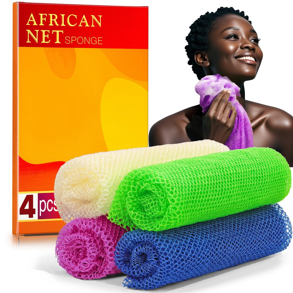 4 Pieces African Net Sponge for Deep Exfoliation African Net Sponge Authentic, Exfoliating Washcloth, Quick-Drying African Exfoliating Net for Smooth & Glowing Skin(Blue, Green, Purple, White)
