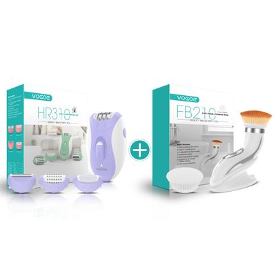 VOGOE 4-in-1 Cordless Epilator for Women 21 Tweezers Electric and 2-in-1 Facial Cleansing Brush 2-Speed Rotation
