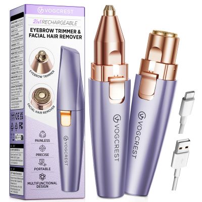 VG VOGCREST Eyebrow & Facial Trimmer: 2-in-1 Rechargeable Facial Hair Removal & Eyebrow Shaver - Painless Razor with Built-in LED Light (Solar Purple)