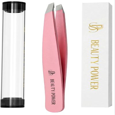 Beauty Power Ultra-Precision Professional Slant Tweezers for Women Facial Hair - German Stainless Steel, Lightweight Black Tweezers for Women & Men, Ideal for Eyebrow & Facial Grooming (Pink)